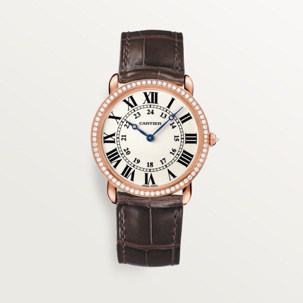 Ronde Louis Cartier watch 36mm, hand-wound mechanical movement, rose gold, diamonds, leather