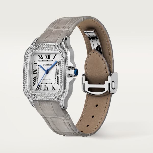 Santos de Cartier watch Medium model, automatic movement, white gold, diamonds, 2 interchangeable leather bracelets
