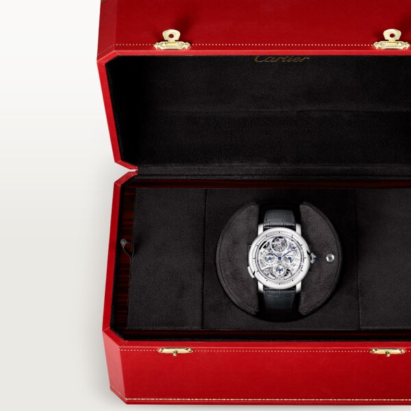 Rotonde de Cartier Grande Complication Skeleton watch 45mm, automatic movement, platinum, leather