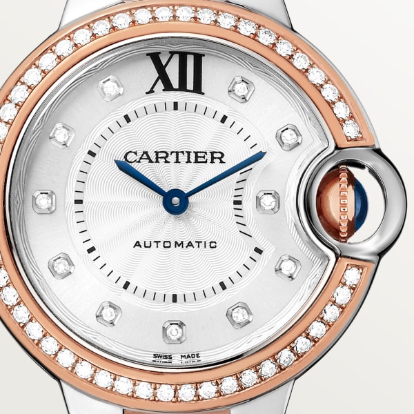 Ballon Bleu de Cartier watch 33 mm, mechanical movement with automatic winding, rose gold, steel, diamonds