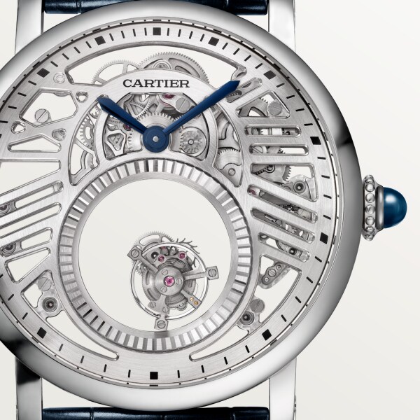 Rotonde de Cartier Mysterious Double Tourbillon watch 45mm, hand-wound mechanical movement, platinum, leather