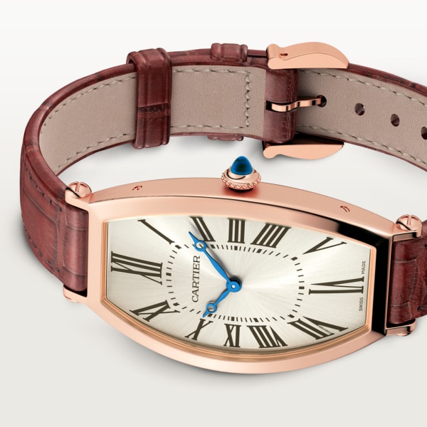 Tonneau watch Large model, hand-wound mechanical movement, rose gold, leather