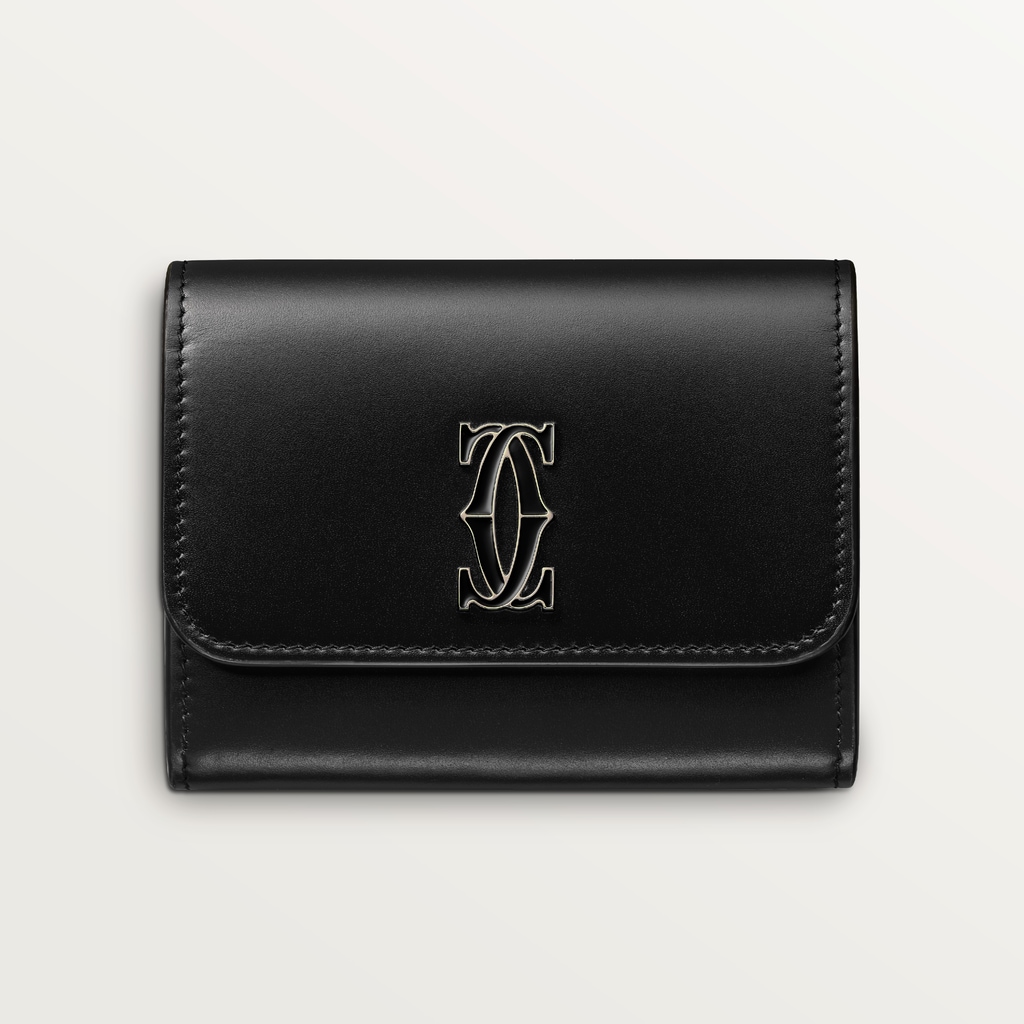 Mini wallet, C de CartierBlack calfskin, gold and black enamel finish