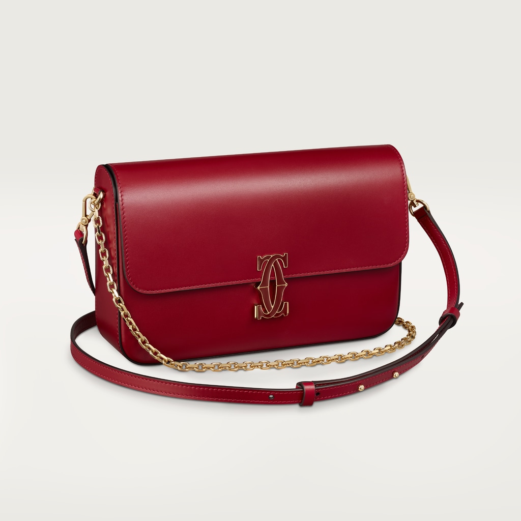Small model chain bag, C de CartierCherry red calfskin, gold and cherry red enamel finish