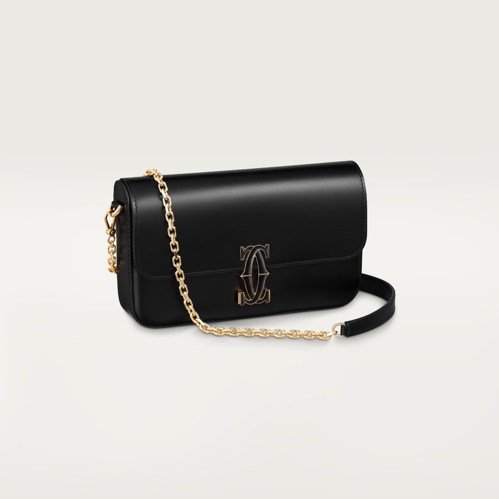 Mini model chain bag, C de CartierBlack calfskin, gold and black enamel finish