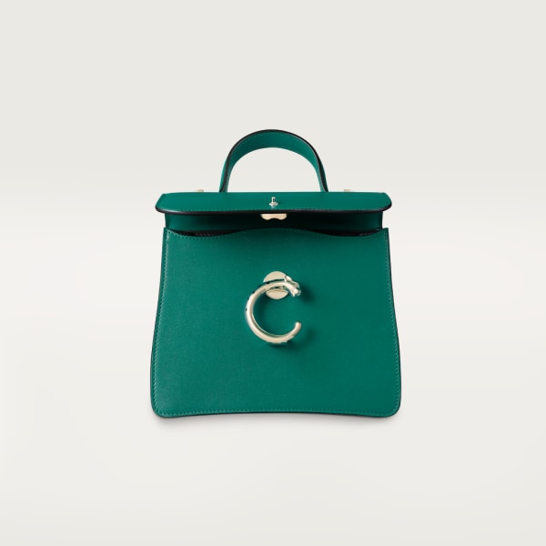 Top handle bag mini model, Panthère de Cartier Dark green calfskin, golden finish