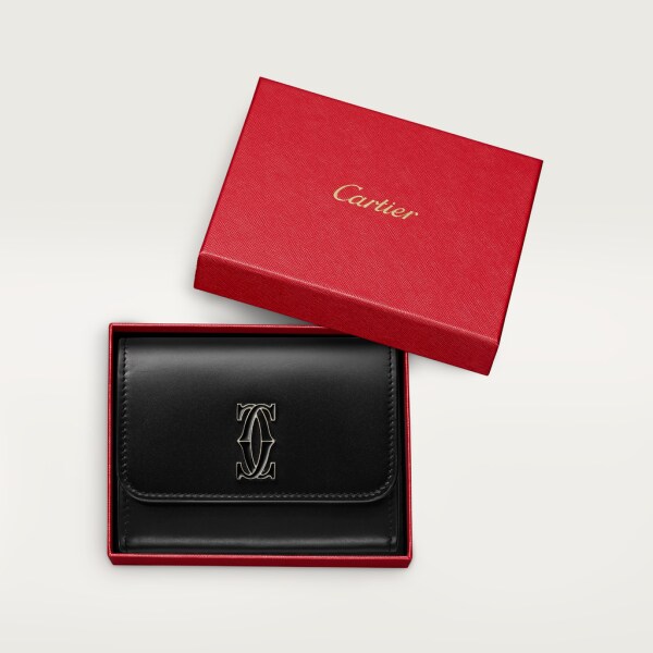 Mini wallet, Double C de Cartier Black calfskin, gold and black enamel finish