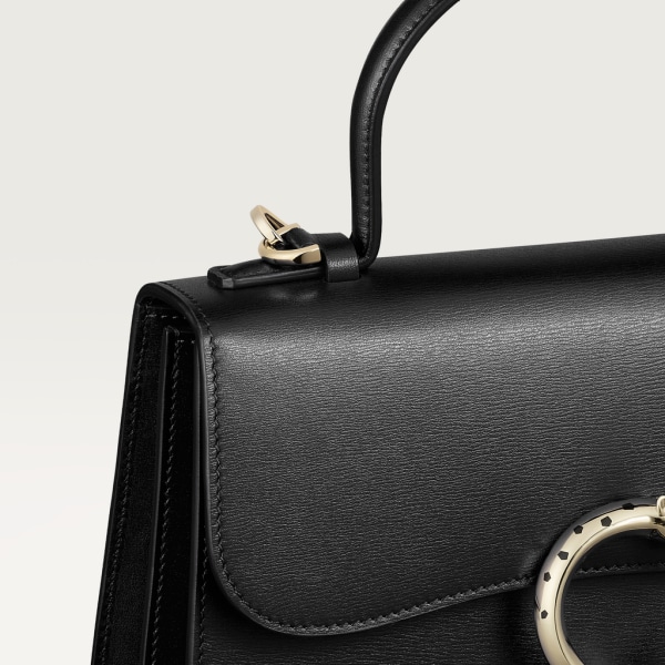 Top handle bag small model, Panthère de Cartier Black calfskin, gold finish