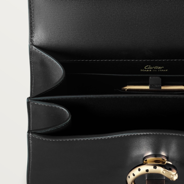 Top handle bag small model, Panthère de Cartier Black calfskin, gold finish