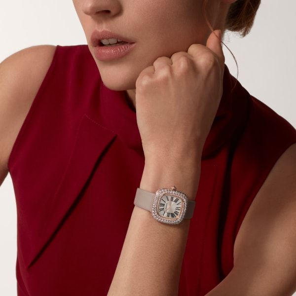 Coussin de Cartier watch Medium model, quartz movement, rose gold, diamonds, leather