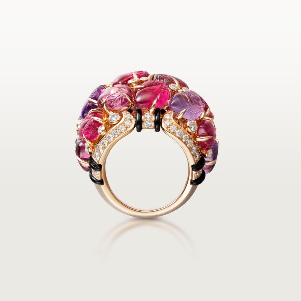 Ring with engraved stones Rose gold, rubellites, garnets, amethysts, onyx, diamonds