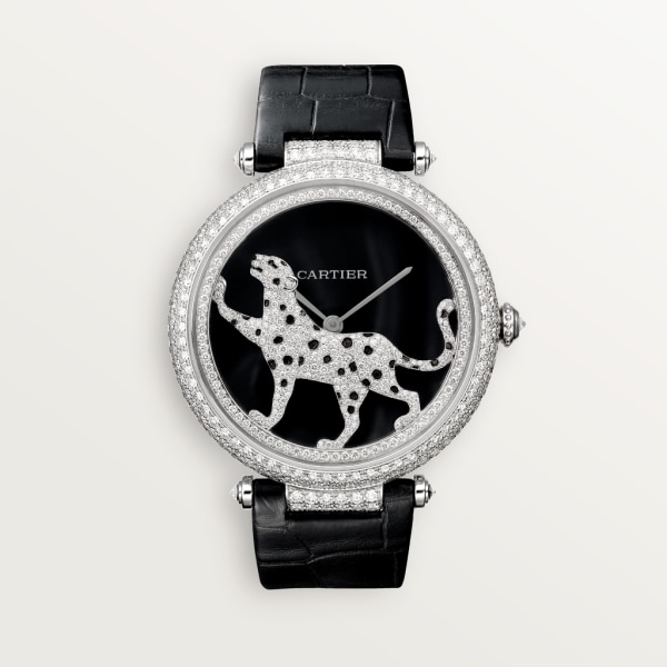 Panthère Jewellery Watches 42mm, automatic movement, white gold, diamonds, leather