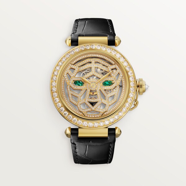 Joaillère Panthère Watch 41 mm, hand-wound movement, 18K yellow gold, diamonds, interchangeable leather straps
