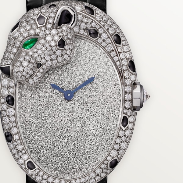 Panthère Jewellery Watches Large model, automatic movement, white gold, diamonds, emerald, lacquer