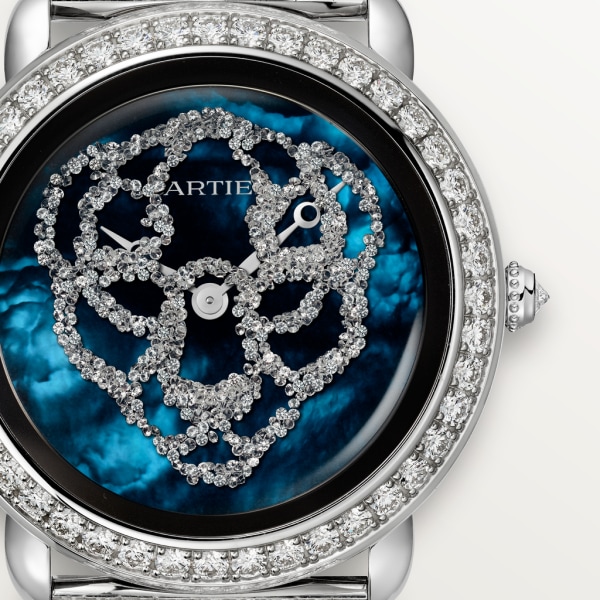 Révélation d'une Panthère watch 37mm, hand-wound movement, 18K white gold, diamonds, metal bracelet