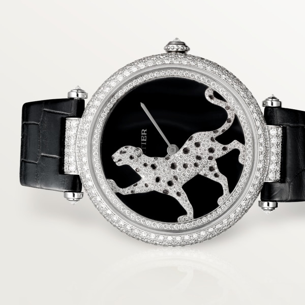 Panthère Jewellery Watches 42mm, automatic movement, white gold, diamonds, leather