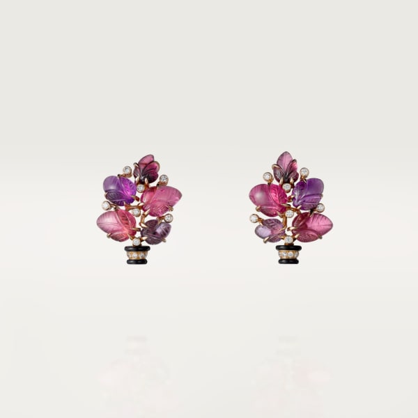 Earrings with engraved stones Rose gold, rubellites, amethysts, garnets, onyx, diamonds