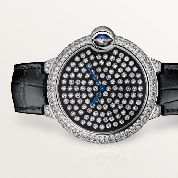 Ballon Bleu de Cartier watch 42mm, hand-wound mechanical movement, white gold, diamonds, leather
