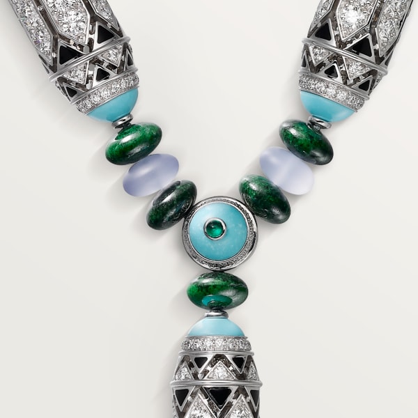 High Jewellery necklace White gold, chalcedony, skarn, turquoise, black lacquer, emerald cabochons, diamonds