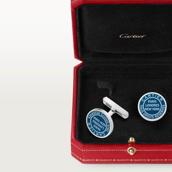 Double C de Cartier cufflinks with Stamp motif in silver and blue lacquer. Sterling silver, palladium finish, blue lacquer.