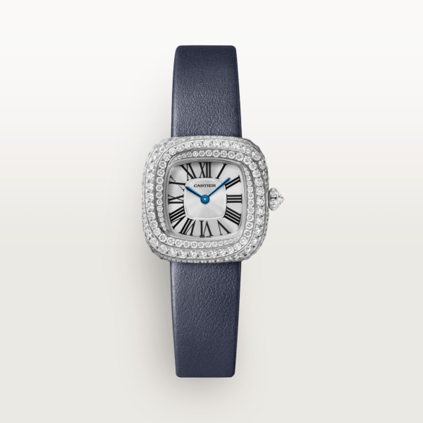 Coussin de Cartier watch Small model, quartz movement, rhodium-finish white gold, diamonds, leather