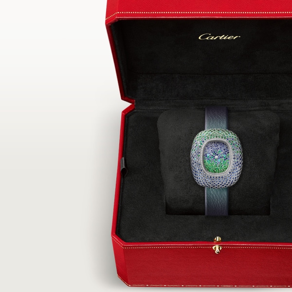 Coussin de Cartier watch Medium model, quartz movement, rhodium-finish white gold, diamonds, sapphires, tsavorites, emeralds, tourmalines, leather