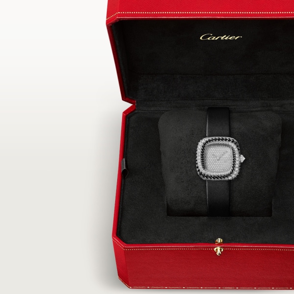 Coussin de Cartier watch Small model, quartz movement, rhodium-finish white gold, diamonds, spinels, leather