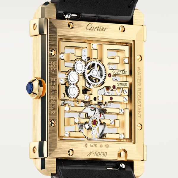 Tank Chinoise watch Large model, hand-wound mechanical skeleton movement, yellow gold, leather