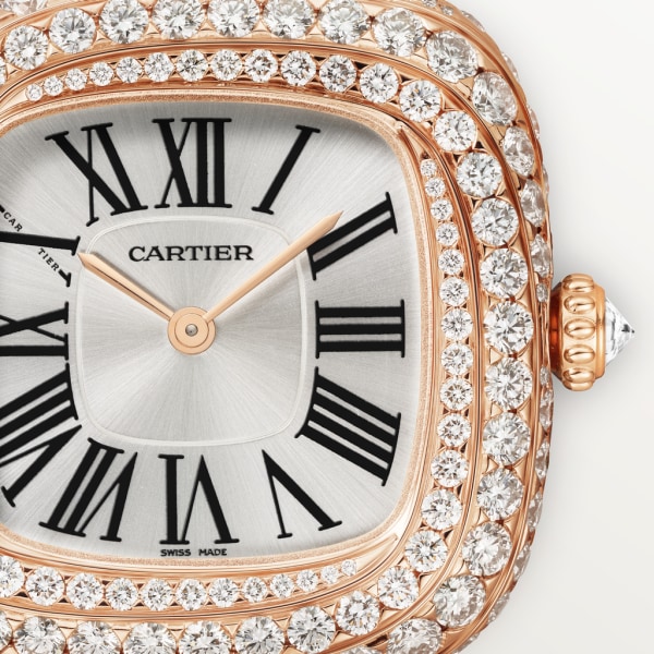 Coussin de Cartier watch Medium model, quartz movement, rose gold, diamonds, leather