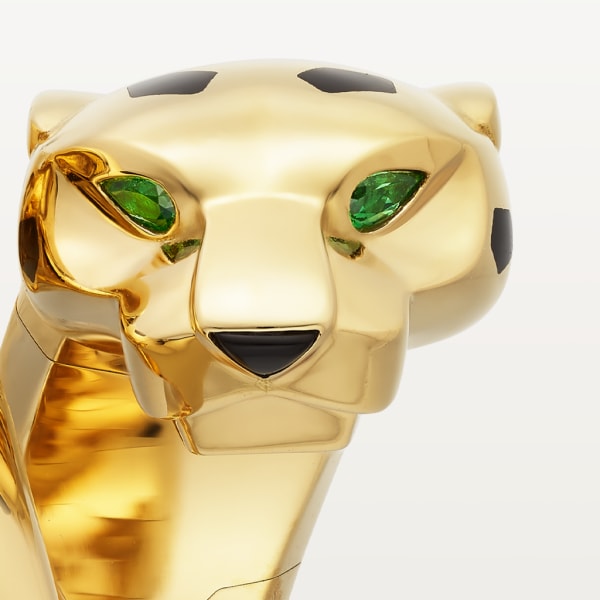 Panthère de Cartier ring, articulated Yellow gold, onyx, lacquer, tsavorite garnets
