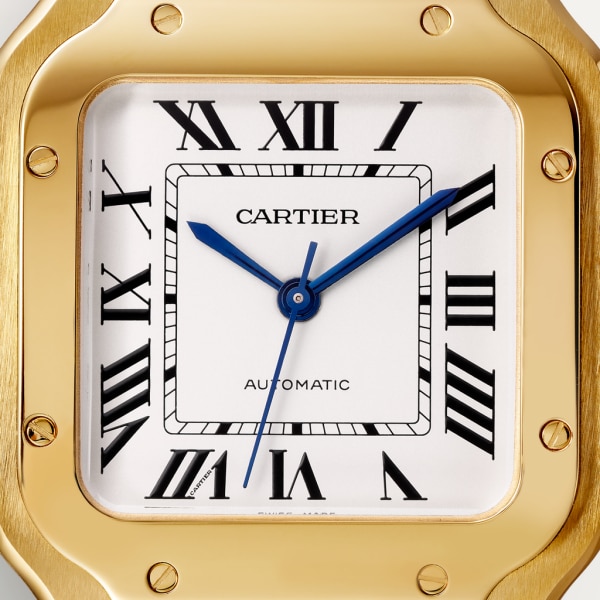 Santos de Cartier watch Medium model, automatic movement, yellow gold, interchangeable metal and leather bracelets