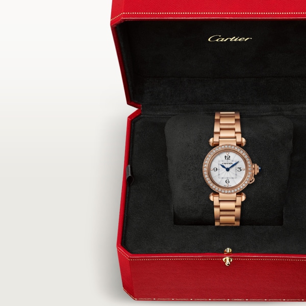 Pasha de Cartier watch 30 mm, quartz movement, rose gold, diamonds, interchangeable metal and leather straps
