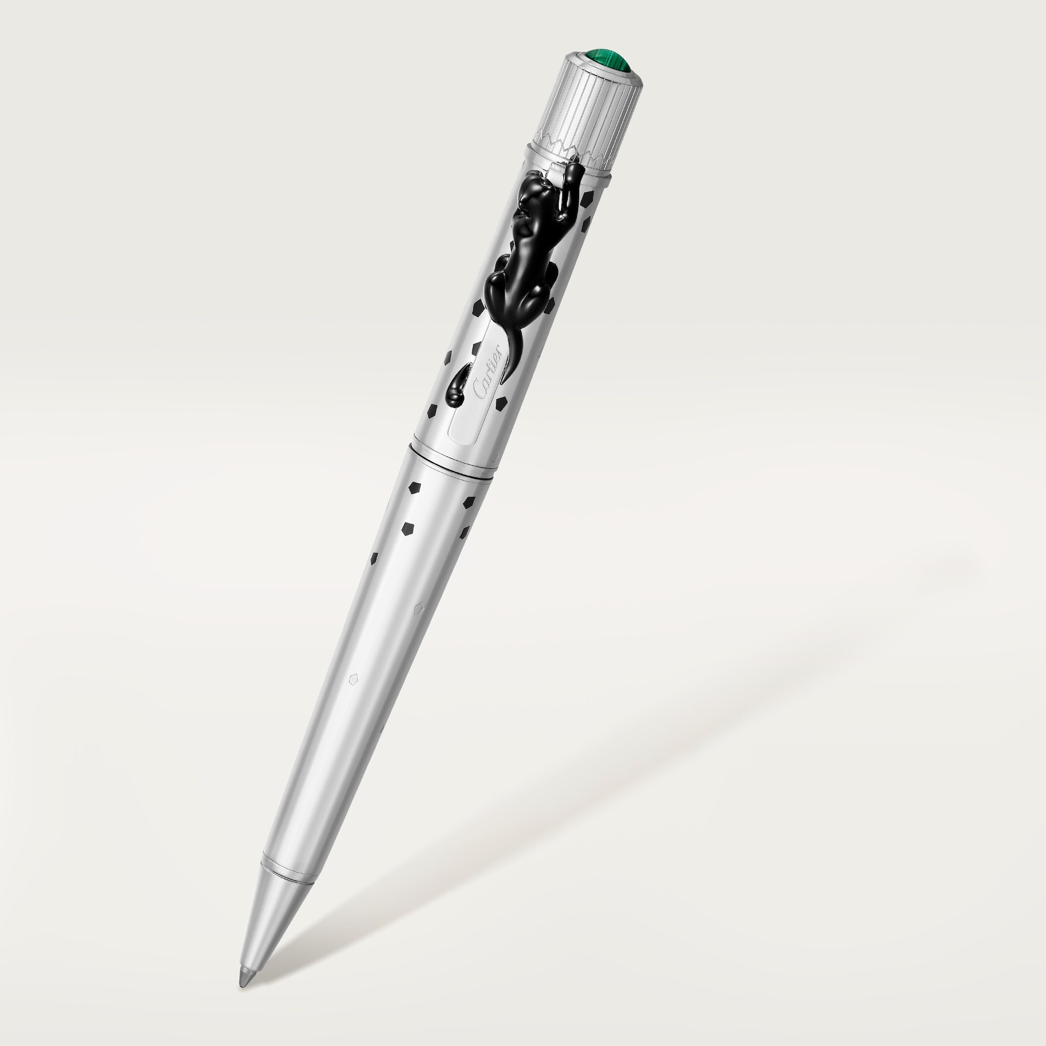 Panthère de Cartier ballpoint penLimited numbered edition, sterling silver, black lacquer, malachite