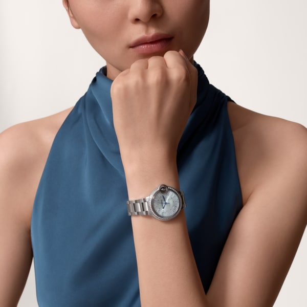 Ballon Bleu de Cartier watch 33 mm, automatic movement, steel, diamonds