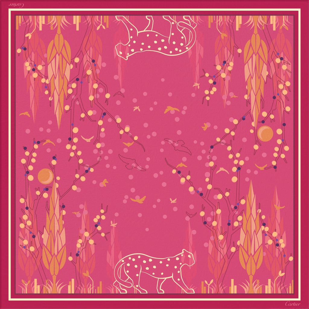 Panther Garden motif square 90Fuchsia silk twill