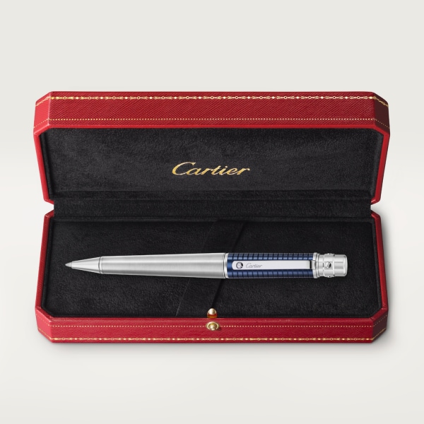 Santos de Cartier ballpoint pen Large model, brushed and engraved striated metal covered with blue PVD, palladium finish