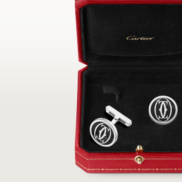 Double C de Cartier logo cufflinks with black lacquer Sterling silver, palladium finish, blue lacquer