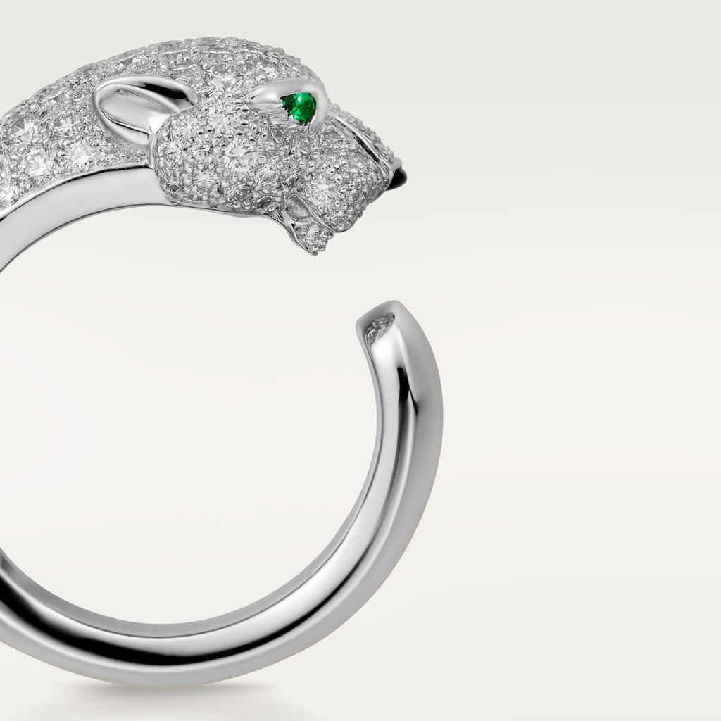 Panthère de Cartier ring, medium model, semi-pavedWhite gold, diamonds, emeralds, onyx