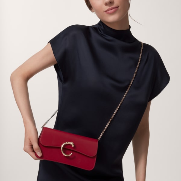 Mini chain bag, Panthère de Cartier Cherry red calfskin, gold and black enamel finish