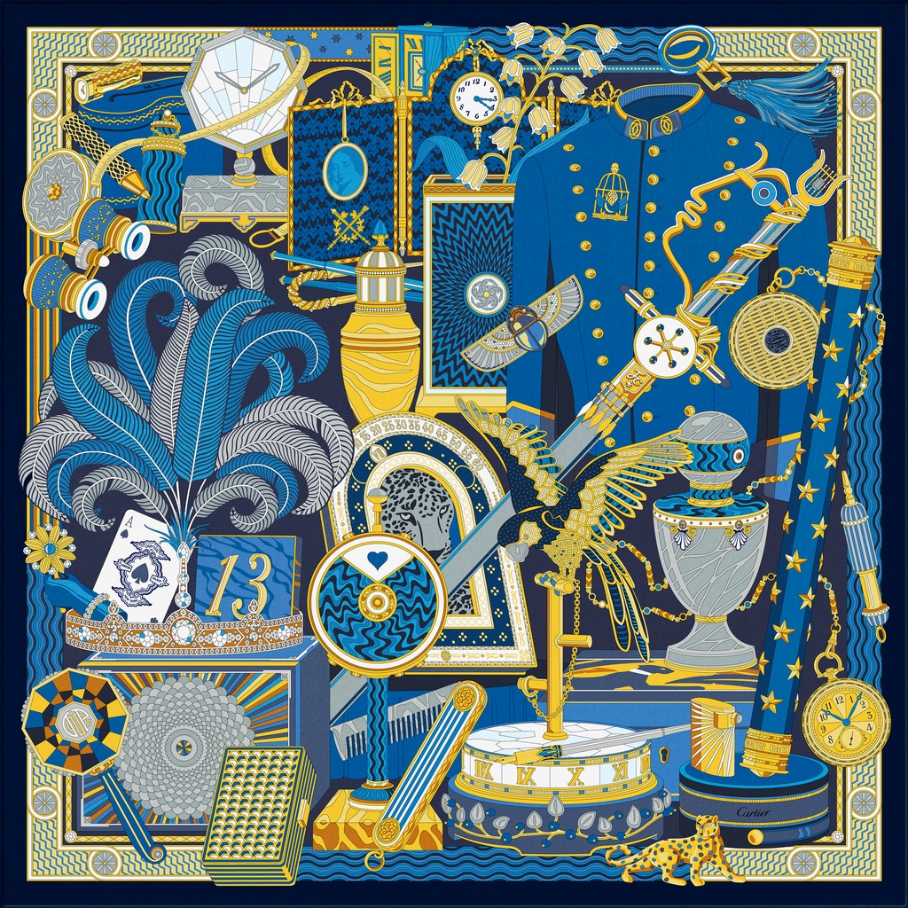 Cartier Archives motif square 90Navy blue and yellow silk twill