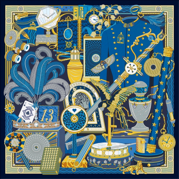 Cartier Archives motif square 90 Navy blue and yellow silk twill