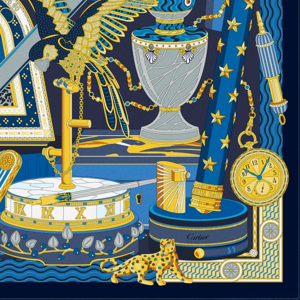 Cartier Archives motif square 90 Navy blue and yellow silk twill