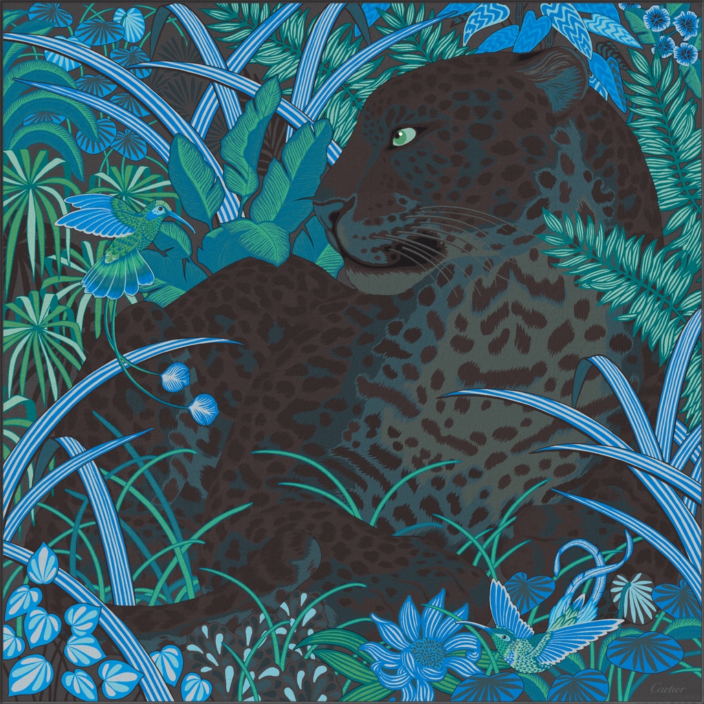 Panther in the Jungle motif square 90Black silk twill