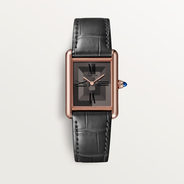 Tank Louis Cartier watch Large model, hand-wound mechanical movement, rose gold, leather