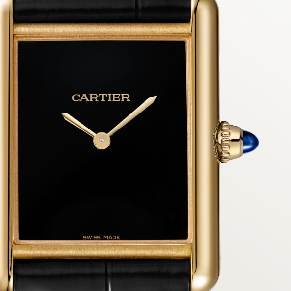 Tank Louis Cartier watch Large model, hand-wound mechanical movement, yellow gold, leather