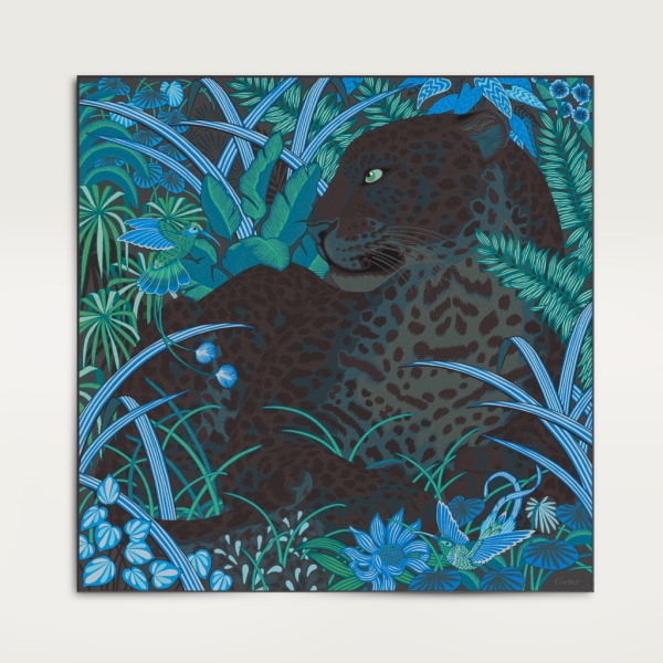 Panther in the Jungle motif square 90 Black silk twill