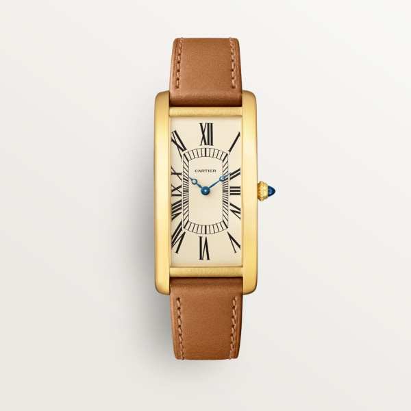 Tank Cintrée watch Large model, hand-wound mechanical movement, yellow gold, leather