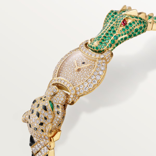 Indomptables de Cartier Watch 22.2 mm, quartz movement, yellow gold, diamonds, emeralds, rubies, spinels, metal strap