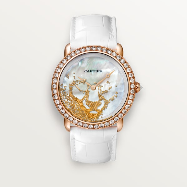 Révélation d'une Panthère watch 37 mm, manual, rose gold, diamonds, mother-of-pearl, leather