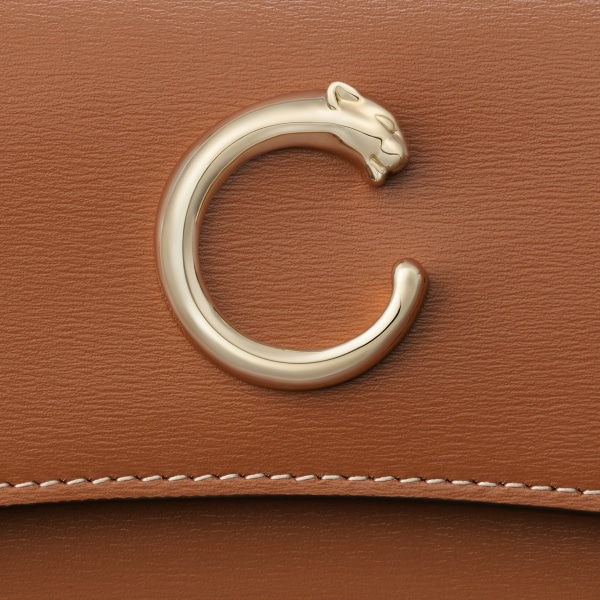 International wallet with flap, Panthère de Cartier Caramel calfskin, golden finish